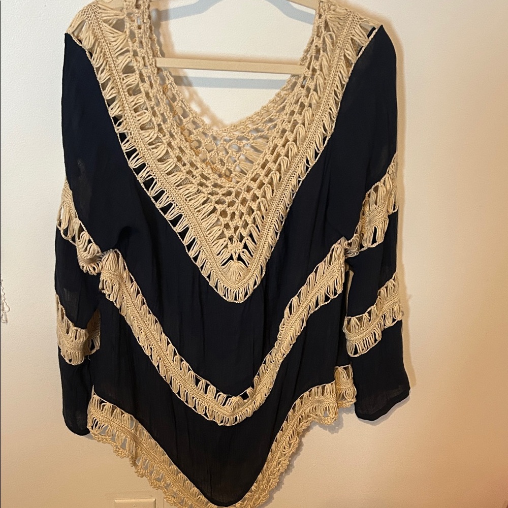 Boho Black and Cream Crochet Poncho/Top